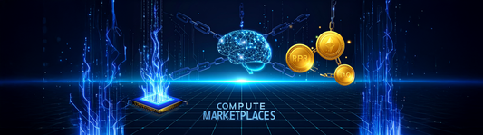 Futuristic banner showing GPU chips, AI brain, and blockchain tokens labeled RNDR and TAO, symbolizing decentralized compute marketplaces.