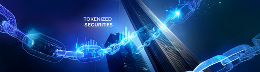 Skyscrapers with glowing blockchain chain links and text 'Tokenized Securities,' symbolizing blockchain in finance.
