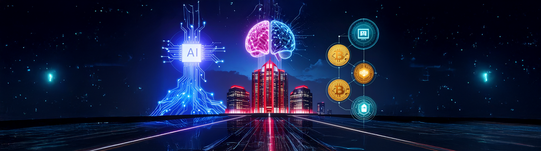 Futuristic AI brain, red-lit skyscrapers, and blockchain tokens symbolizing the $300B OpenAI–Oracle compute deal.
