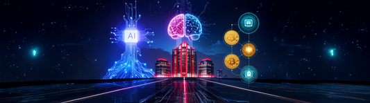 Futuristic AI brain, red-lit skyscrapers, and blockchain tokens symbolizing the $300B OpenAI–Oracle compute deal.